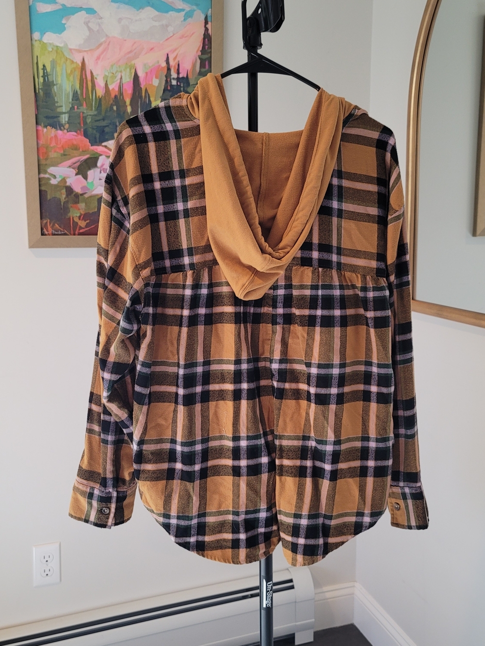 Plaid Flannel Hoodie Mustard Black 90s Grunge Streetwear Women's Size XL - Picture 4 of 9